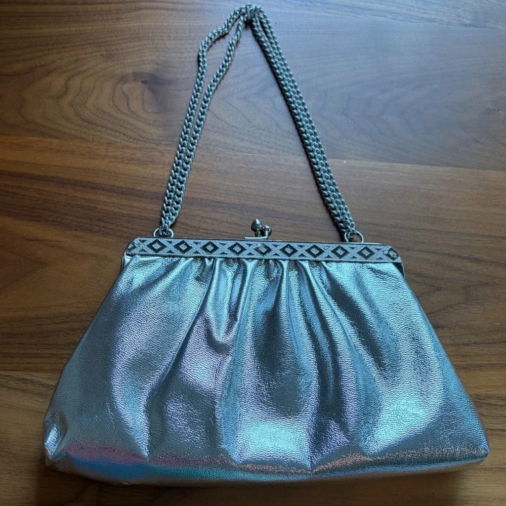 Clutch Bag Womens Small Silver Holographic Metallic Frame Evening Prom